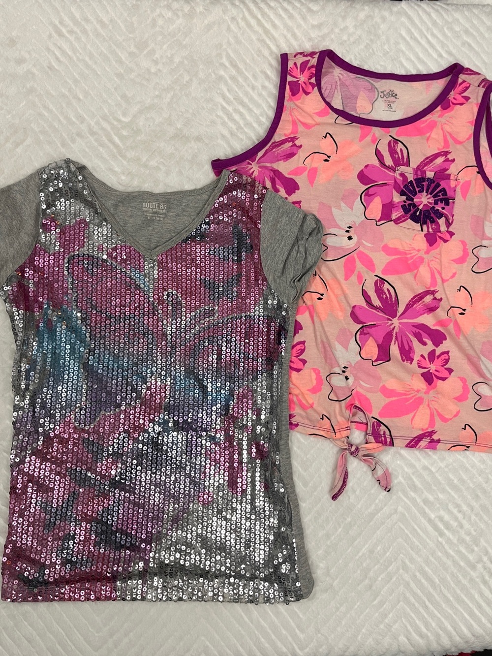 Justice Girls' Floral Tie-Hem Tank Top Pink Purple Sequin t shirt size xl‎
